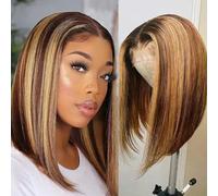 Parrucche corte lisce per capelli umani per donne nere Parrucche brasiliane con parte in pizzo Parrucche con parte centrale laterale per donne castane-13 * 4 Parrucca frontale-14 pollici-150%-piano
