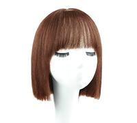 Parrucche corte lisce per donna, capelli umani, castano freddo, caschetto corto, parrucca con frangia, 28 cm, taglio netto, parrucca cosplay regolabile,Mixed Silk-c1
