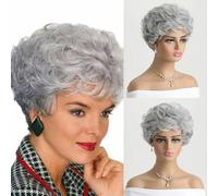 Parrucche corte naturali con frangia Capelli morbidi da mamma Uso quotidiano Parrucca corta grigia sfumata riccia sintetica per feste in costume per donne-WIG-390-10 pollici-1 pz