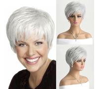 Parrucche corte naturali con frangia Capelli morbidi da mamma Uso quotidiano Parrucca corta grigia sfumata riccia sintetica per feste in costume per donne-WIG-317-10 pollici-1 PC