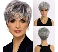 Parrucche corte naturali con frangia Capelli morbidi da mamma Uso quotidiano Parrucca corta grigia sfumata riccia sintetica per feste in costume per donne-WIG-332-10 pollici-1 PC