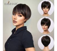 Parrucche corte nere dritte marrone più facili con frangia tagliata Pixie parrucche sintetiche in fibra ad alta temperatura Cosplay per le donne