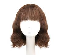 Parrucche corte ondulate per capelli umani, parrucca castana ondulata con frangia per donne, lunghezza spalle, parrucche corte e ricce per capelli umani,Mixed Silk-A
