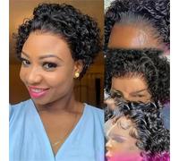 Parrucche corte per capelli umani per donne Parrucche nere ricce Parrucche bionde senza colla per capelli umani Ondulate ricce-6 pollici-180%-Nero