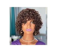 Parrucche corte ricce in capelli umani con frangia, parrucca riccia senza colla for donne nere, densità 150, senza pizzo Topper per Capelli da Donna(Brown)