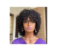 Parrucche corte ricce in capelli umani con frangia, parrucca riccia senza colla for donne nere, densità 150, senza pizzo Topper per Capelli da Donna(Black)