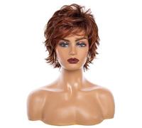 Parrucche corte ricci for donna Parrucca sintetica a strati con taglio pixie con frangia dall'aspetto naturale Extension per Capelli(Reddish brown)