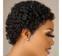 Parrucche corte ricci Parrucche brasiliane per capelli umani per donne nere 180% densità Parrucca afro crespa senza colla-4 pollici-180%-#1B