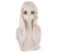 Parrucche Cosplay Princess Elsa Neve Ghiaccio Regina Lunghe giallo chiaro Parrucca sintetica per capelli ondulati Parrucca da festa Parrucca Anime + Cappellino KUP630 Elsa A