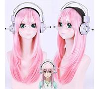 Parrucche Cosplay Super Sonico 80 cm lungo dritto rosa chiaro stile sintetico resistente al calore per donne ragazze capelli finti + parrucca auricolare e auricolare