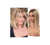 Parrucche da 4,5 x 5 pollici, clip in pizzo svizzero, capelli lisci per donne, coprono la caduta dei capelli o le parti grigie (14 pollici), aggiunge volume ai capelli (Ombre Blonde Mix Brown)