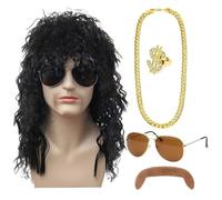 Parrucche da discoteca anni '80 - Hippies disco parrucca da uomo parrucche per feste | Set di 5 pezzi lunghi ricci, capelli classici hippy per gli uomini vestito da discoteca