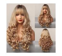 Parrucche da donna 25 pollici Ombre Brown Champagne Blonde Highlight Parrucche di capelli sintetici a onde lunghe sciolte con Bang Capelli finti resistenti al calore for le donne per Partito/Parrucca