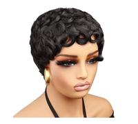 Parrucche da donna con capelli umani ricci e taglio pixie da 6 pollici, parrucca senza colla con onda profonda e frangia, da indossare tutti i giorni Topper per Capelli da Donna(Black)