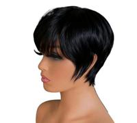 Parrucche da donna con taglio pixie chic ed elegante da 6 pollici, capelli umani a strati corti con frangia, parrucca senza colla completa for l'uso quotidiano(Black)