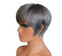 Parrucche da donna con taglio pixie chic ed elegante da 6 pollici, capelli umani a strati corti con frangia, parrucca senza colla completa for l'uso quotidiano(Gray)