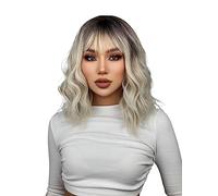 Parrucche da donna Onda capelli naturali resistenti al calore Ombre bionda corta parrucca sintetica for donne con frangia corpo in oro bianco Parrucca per l'uso quotidiano nelle feste(Color:TB056-18)