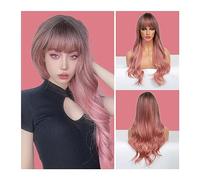 Parrucche da donna Onda naturale for donna Cosplay parrucca naturale resistente al calore lunga onda del corpo parrucche sintetiche rosa marrone ombre con frangia Parrucca per l'uso quotidiano nelle f