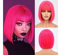 Parrucche da donna Parrucca corta da 12 pollici Lolita resistente al calore for cosplay capelli corti con frangia parrucche sintetiche for donna dritto ombre rosa rosso rosa Parrucca per l'uso quotidi