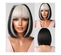 Parrucche da donna Parrucca da donna in stile europeo e americano con frangia ordinata, capelli corti grigi sfumati, copricapo in fibra chimica Bobo Parrucca riccia(Black and white)