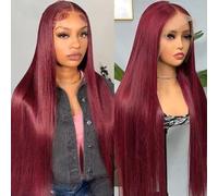 Parrucche da donna Parrucca di capelli umani lisci bordeaux 13x6 pizzo trasparente densità 200% Parrucca riccia(36inch)