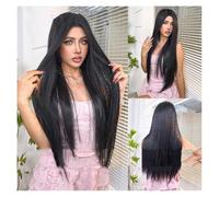 Parrucche da donna Parrucca di media lunghezza in stile puro desiderio, capelli lunghi femminili, capelli neri lunghi e lisci, atmosfera senza frangia, soffice copertura della testa che riduce l'età P