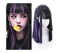 Parrucche da donna Parrucca for capelli lisci di media lunghezza con frangia, parrucca sintetica con riflessi viola e frangia nera Parrucca for cosplay quotidiana dall'aspetto naturale for donne e rag