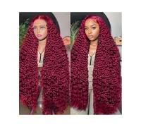 Parrucche da donna Parrucca frontale in pizzo trasparente HD con capelli umani a onde profonde, 13x4, riccia, 99j, color bordeaux Festa quotidiana(34inches)