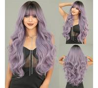 Parrucche da donna Parrucca lunga ondulata grigio viola for le donne Parrucche ondulate con tintura in testa for feste quotidiane Parrucca riccia(Purple)