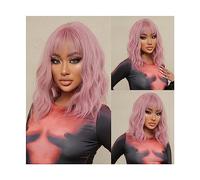 Parrucche da donna Parrucca ondulata lunga spalla con frangia parrucche cosplay caschetto rosa sintetico for donne nere capelli naturali resistenti al calore americani per Partito/Parrucca quotidianay