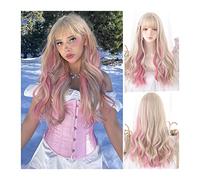 Parrucche da donna Parrucca riccia ondulata lunga con frangia, riflessi biondi Parrucca riccia rosa for donne Ragazze Lolita Parrucca cosplay Parrucca da festa resistente al calore naturale per Partit