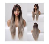 Parrucche da donna Parrucca sintetica lunga marrone grigio sfumato con frangia parrucche lisce cosplay naturali for donne nere capelli finti resistenti al calore per Partito/Parrucca quotidianay