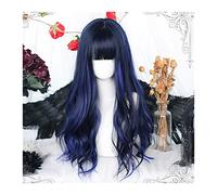 Parrucche da donna Parrucche blu nere con frangia ordinata for donna, parrucca di capelli ondulati ricci lunghi con frangia Parrucca sintetica naturale di ricambio for cosplay per Partito/Parrucca quo