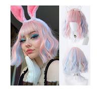 Parrucche da donna Parrucche di capelli sintetici blu misti rosa for donne ragazze, parrucca Bobo riccia corta con frangia, cosplay, costume da festa for Halloween Festa quotidiana