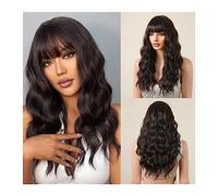 Parrucche da donna, Parrucche sintetiche a onda lunga riccia nera da 20 pollici marrone scuro con frangia for donne afro festa cosplay quotidiana capelli finti resistenti al calore naturale,per l'uso