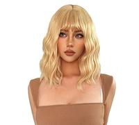 Parrucche da donna Parrucche sintetiche Cosplay Lolita dorate bionde corte da 14 pollici con frangia for le donne fibra resistente al calore capelli finti ondulati naturali quotidiani Festa quotidiana