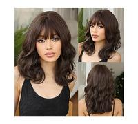 Parrucche da donna Spalla lunga ondulata marrone scuro parrucca con frangia sintetica onda d'acqua cosplay parrucche quotidiane for donne capelli naturali resistenti al calore afro Parrucca per l'uso