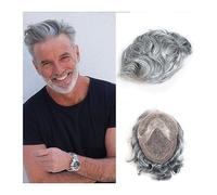 Parrucche da Uomo Toupee da uomo in capelli umani 8 "x 10" mono resistente con base in PU Toupee da uomo # 1B Nero con parte anteriore in pizzo di colore grigio Sistema di sostituzione dei capelli da