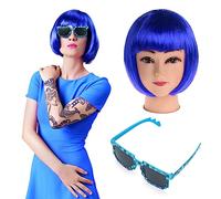 Parrucche dei capelli, Charming Short Bob Parrucca per le donne Bob parrucca Pageboy testa Cabaret con Bangs Parrucca quotidiana Signore Natale Carnevale Vestito di Natale, con Occhiali Sole, Blureale