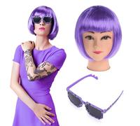 Parrucche dei capelli, Charming Short Bob Parrucca per le donne Bob parrucca Pageboy testa Cabaret con Bangs Parrucca quotidiana Signore Natale Carnevale Vestito di Natale, con Occhiali Sole, Viola