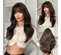 Parrucche di capelli umani Parrucca riccia castano freddo con frangia ondulata for donna, capelli sintetici for tutti i giorni Parrucche