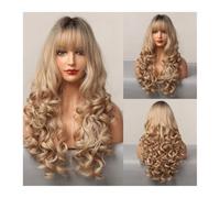 Parrucche Donna Parrucche sintetiche lunghe e sciolte con frangia, capelli finti resistenti al calore, da donna, con riflessi biondo champagne e ombre marrone da 25 pollici wigs