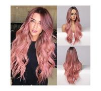 Parrucche Donna Parrucche sintetiche lunghe rosa sfumate for donne con riga centrale, parrucche ondulate for cosplay, parrucche for capelli naturali, resistenti al calore, parrucca rosa rossa wigs