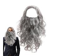 Parrucche e barba da uomo, parrucca cosplay grigia con barba | Parrucche e grigie lunghe ricci per cosplay - e parrucca da mago lunga grigia per feste di Halloween, giochi di ruolo,
