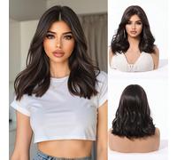 Parrucche eleganti nere o marroni da 14 pollici con frangia a figura di otto e capelli ricci di media lunghezza fino alle spalle, parrucca sintetica resistente al calore, regalo per donne per festival