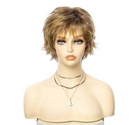 Parrucche for capelli corti da 8 pollici for donne bianche, parrucca marrone misto con riflessi biondi Pixie Cut con frangia a strati naturali
