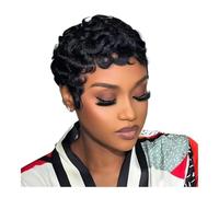 Parrucche for capelli umani ricci da 6 pollici con taglio pixie for donne Parrucche senza colla con frangia