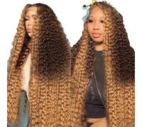 Parrucche frontali con onde profonde HD ricce per donne nere, biondo miele, con mèches ombré frontali con capelli per bambini, parrucche colorate da 22 pollici