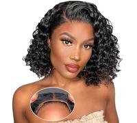 Parrucche frontali corte e ricce pre-tagliate con pre-pizzicate per donne nere, chiusura in pizzo, parrucca senza colla con elastico per principianti, 14 pollici