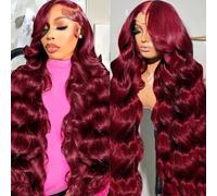 Parrucche frontali in pizzo da 36 pollici 13x6 capelli umani pre pizzicati 99j bordeaux onda del corpo parrucche frontali in pizzo capelli umani densità 180 senza colla parrucca rossa per capelli